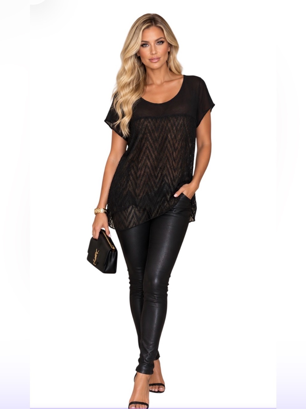 Eyeshadow Sheer Black Mesh Short Sleeve Top Size Large